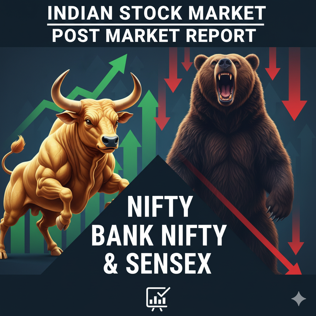 Indian Markets Post Market Report today showing Nifty and Bank Nifty closing levels