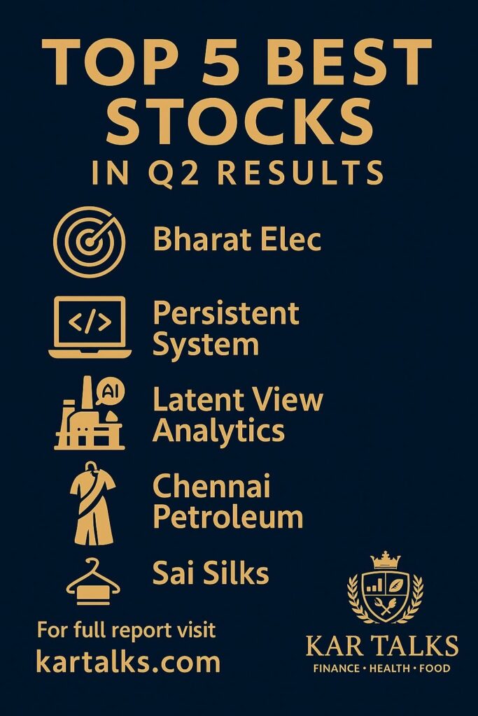 Top 5 best performing Indian stocks in Q2 results including BEL, Persistent Systems, Latent View Analytics, Chennai Petroleum, and Sai Silks, presented by Kartalks.