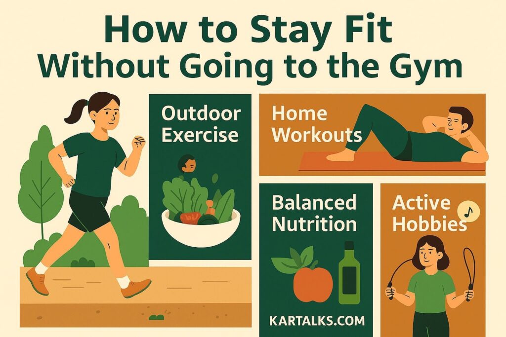 Infographic showing simple ways to stay fit without going to the gym, including outdoor exercise, home workouts, balanced nutrition and active hobbies.