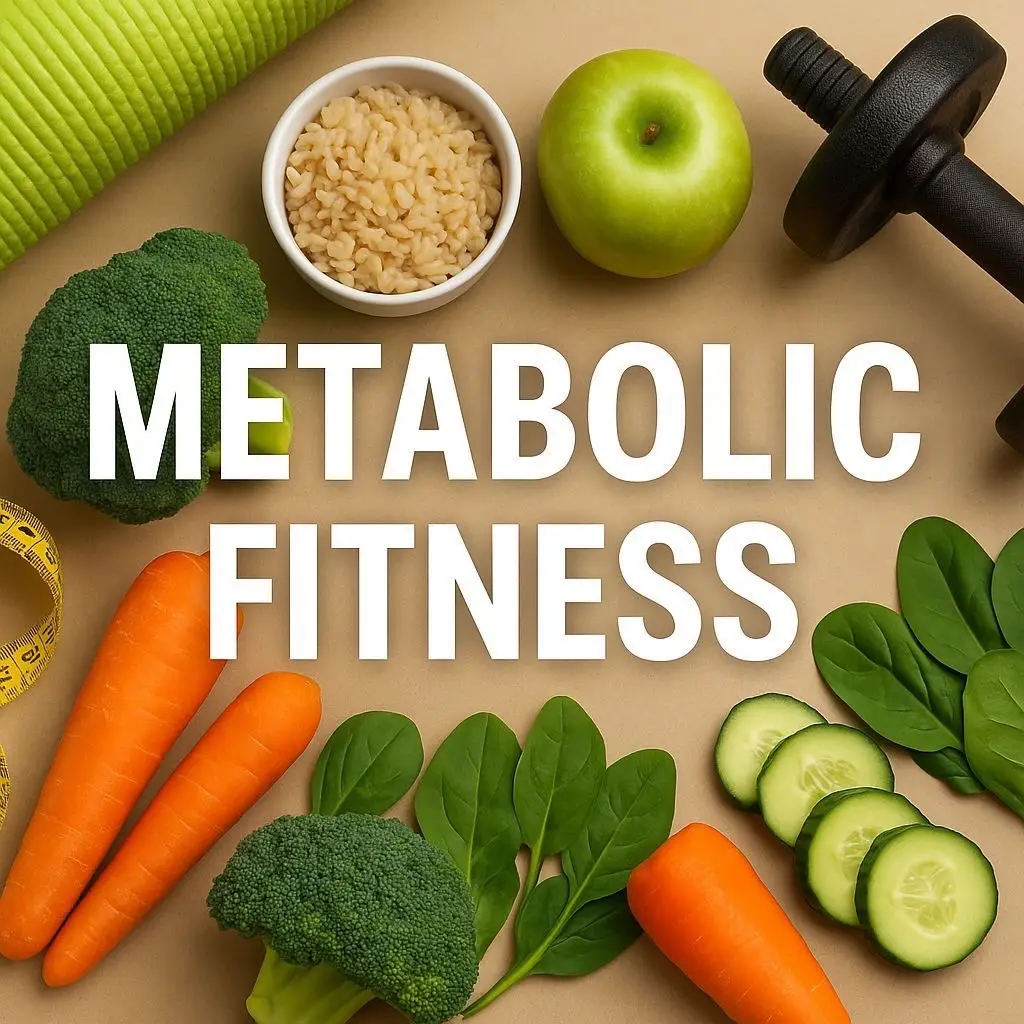Metabolic Fitness health concept with vegetables, apple, and fitness equipment promoting nutrition and wellness.