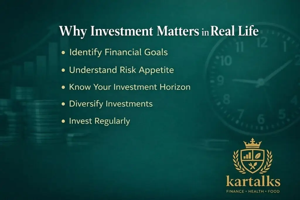 Vertical finance-themed image titled “Why Investment Matters in Real Life” showing key investment principles like identifying goals, understanding risk, investment horizon, diversification, and regular investing, branded with the Kartalks logo.