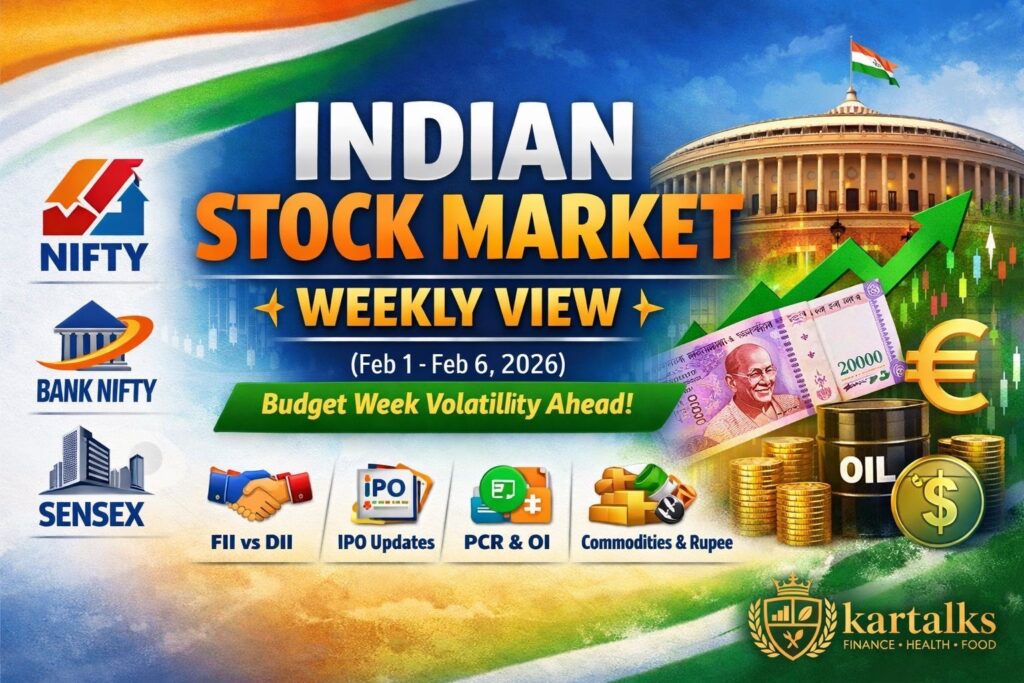 Indian markets weekly view Feb 1–6 2026 showing Nifty 50, Bank Nifty and Sensex levels with Budget week volatility outlook by Kartalks