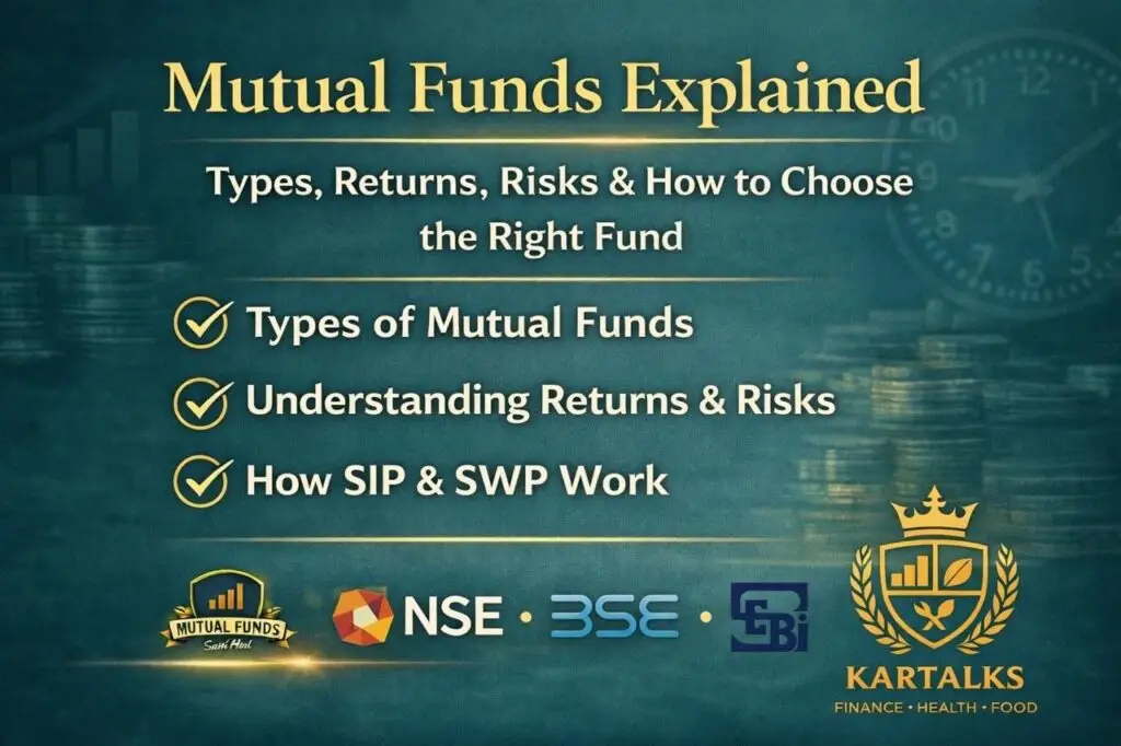 Mutual funds explained infographic showing types of mutual funds, returns, risks, and how SIP and SWP work, designed for beginner investors, with Indian market references and Kartalks branding.