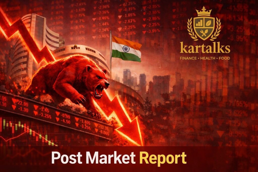 Indian Markets Post Market Report -Markets ends lower with bearish trend shown by red bear and falling market chart in post market report