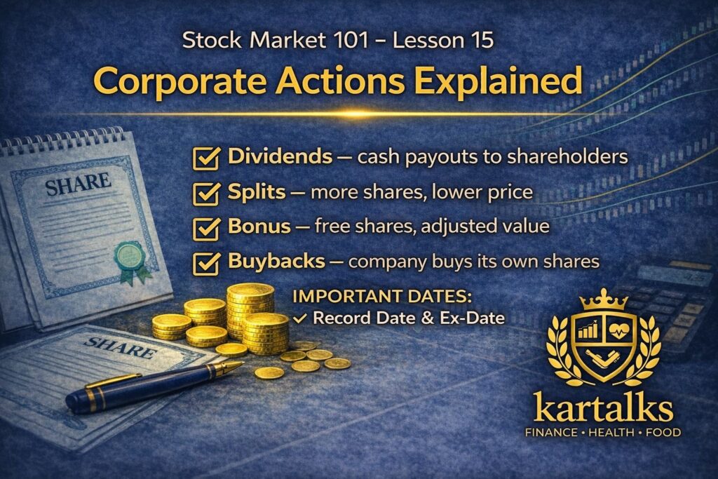 Corporate Actions explained for beginners showing dividends, stock splits, bonus shares and buybacks