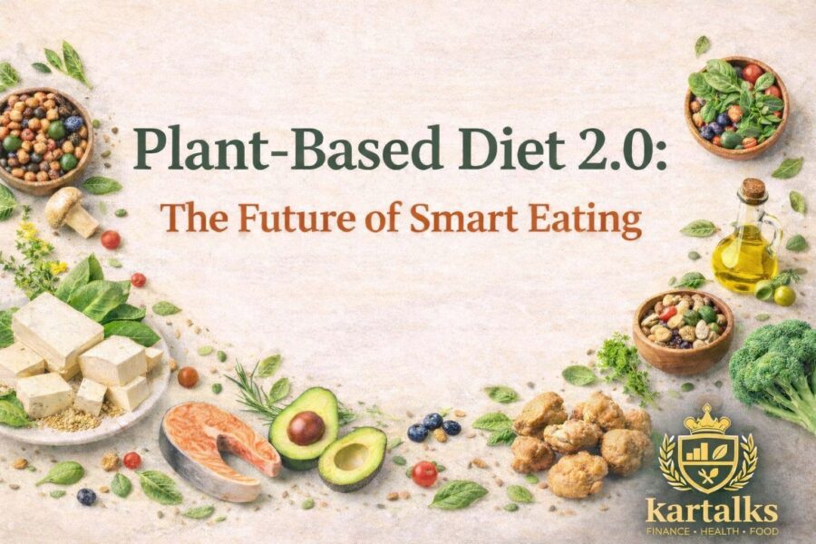 Plant-Based Diet 2.0 banner showing tofu, legumes, avocado, broccoli, olive oil and sustainable plant foods with Kartalks branding