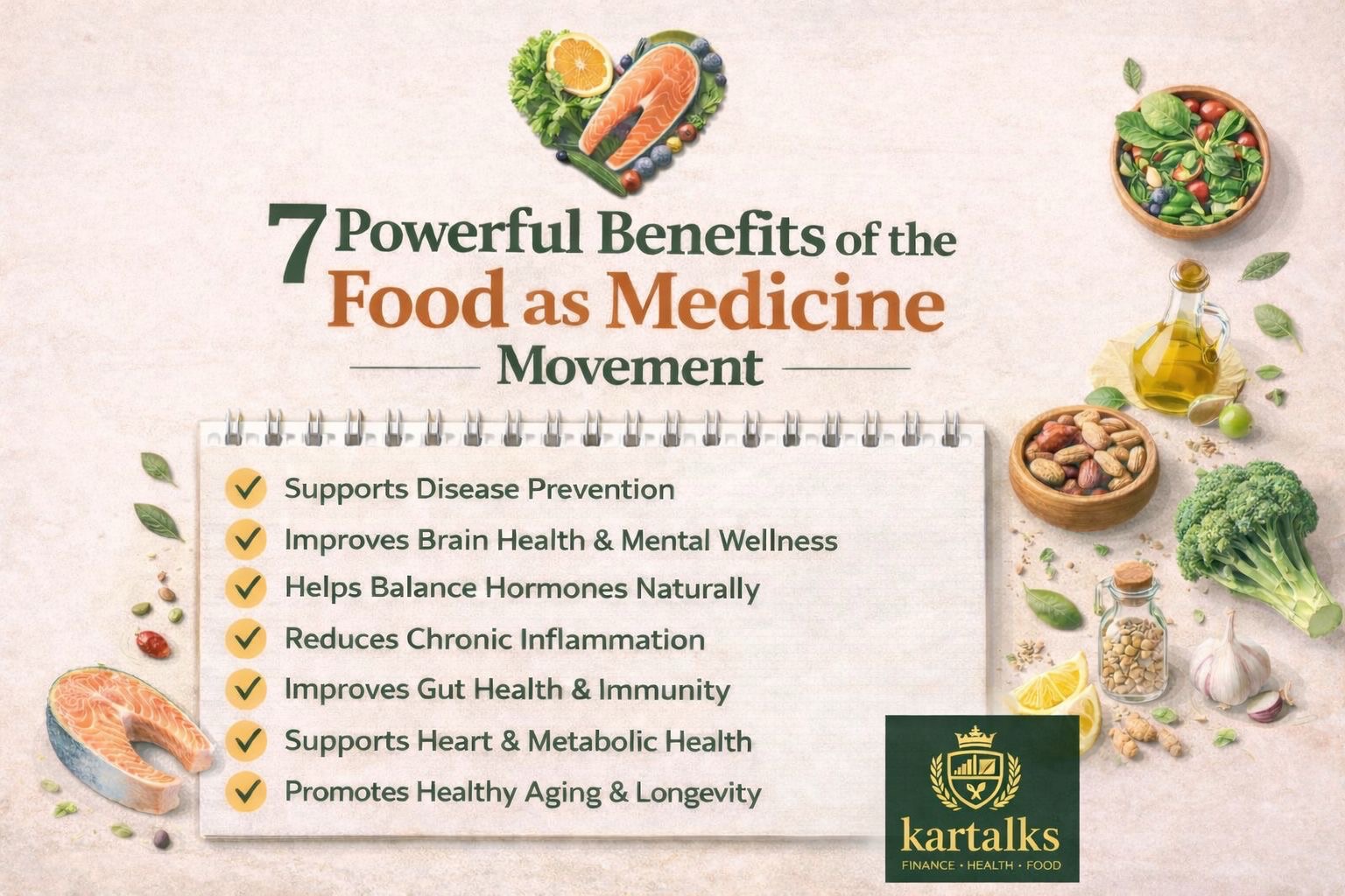Food as Medicine concept showing healthy foods supporting brain health, hormone balance, and longevity nutrition