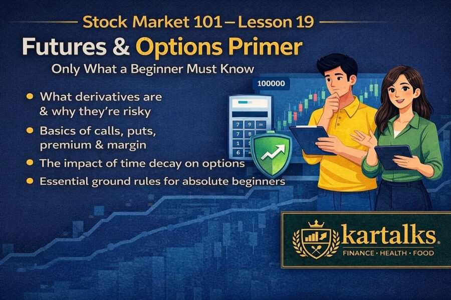 Futures & options for beginners explained with calls, puts, premium, margin, and time decay in Stock Market 101 Lesson 19