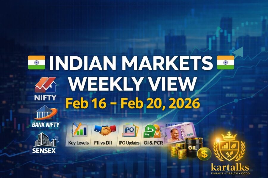 Indian markets weekly view Feb 16–20 2026 showing Nifty, Bank Nifty and Sensex outlook by Kartalks