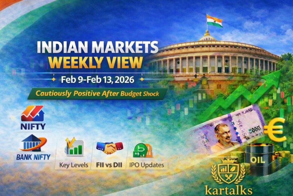 Indian stock market weekly view Feb 9–13 2026 showing Nifty, Bank Nifty and Sensex outlook by Kartalks