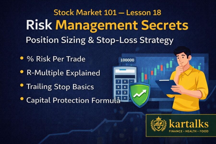 Stock Market 101 Lesson 18 Risk Management Secrets banner showing position sizing formula, stop-loss strategy, R-multiple basics, and capital protection concepts.