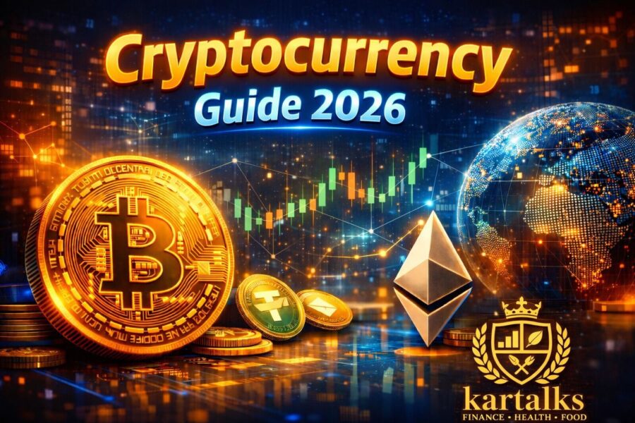 Cryptocurrency Guide 2026 showing Bitcoin, Ethereum symbols and digital blockchain background for beginner crypto investing