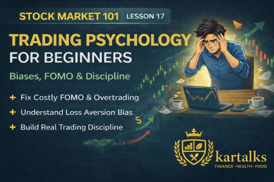 Trading psychology for beginners explaining FOMO, loss aversion, overtrading and discipline in stock market trading.