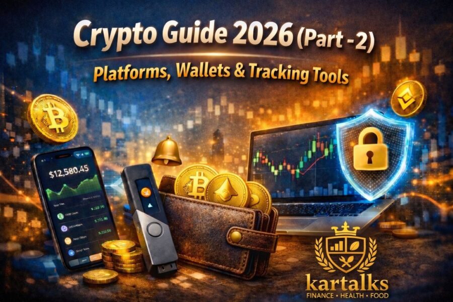Cryptocurrency Guide 2026 – Part 2 Platforms, Wallets, Storage, and Tracking Tools for Beginners Website banner for Cryptocurrency Guide 2026 Part 2 showing crypto platforms wallets tracking tools and charts