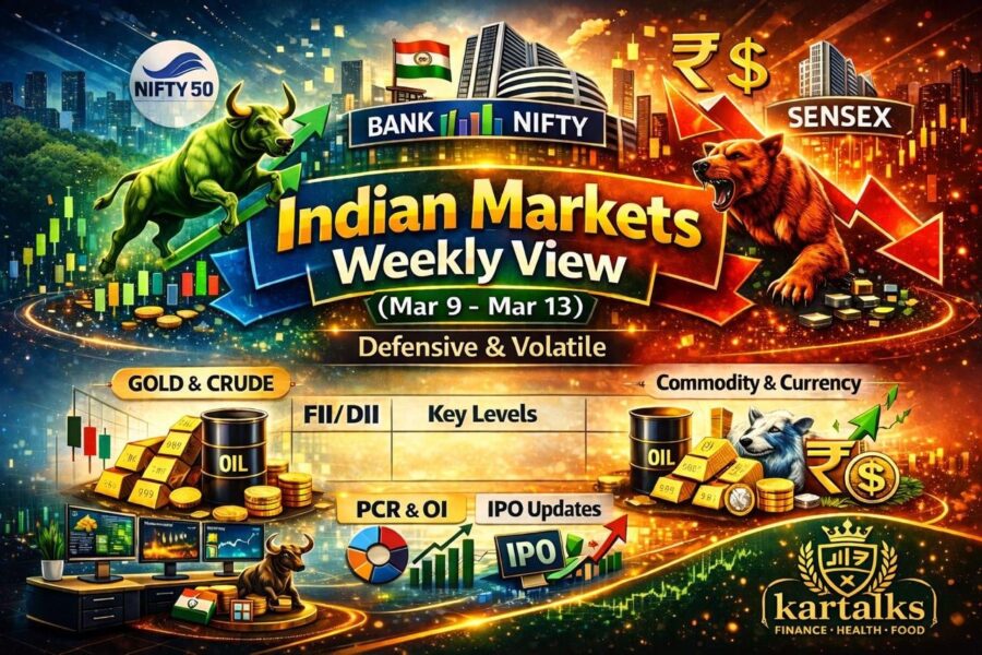 Indian Markets Weekly View Mar 9–Mar 13 showing Nifty, Bank Nifty and Sensex outlook with defensive and volatile sentiment.