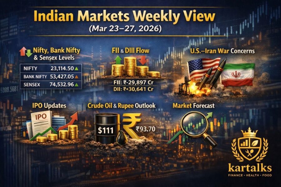 Cautious Indian Markets Weekly View (Mar 23–27, 2026) Indian Markets Weekly View for Mar 23–27, 2026 showing Nifty, Bank Nifty, Sensex levels, FII DII flow, IPO updates, crude oil, rupee outlook and market forecast