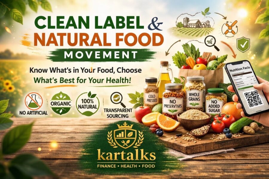 Clean label and natural food movement banner showing healthy ingredients, organic food icons, and Kartalks branding