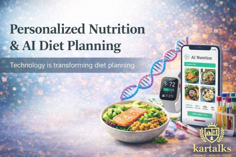 Personalized nutrition and AI diet planning banner with smartwatch, DNA strand, mobile meal planner and healthy food bowl
