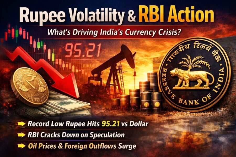 Rupee Volatility and RBI Action: Why India’s Currency Shock Matters to Every Investor Right Now Rupee volatility and RBI action graphic showing falling rupee, RBI emblem, oil prices and foreign outflows