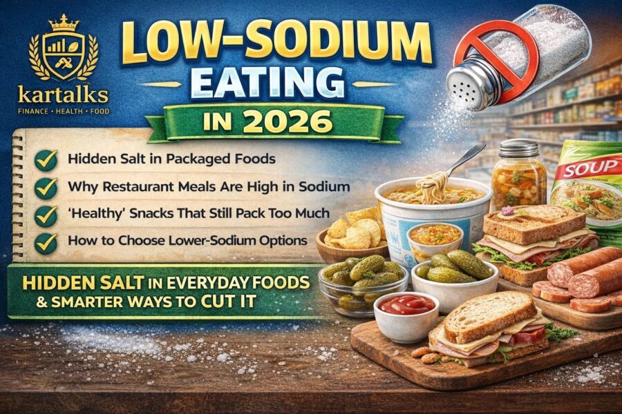 Low-Sodium Eating in 2026 website banner showing hidden salt in packaged foods, soups, sauces, snacks, and restaurant-style meals