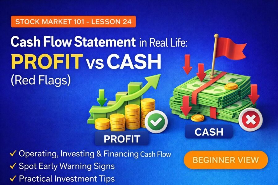 Stock Market 101 – Lesson 24: Cash Flow Statement in Real Life: Profit vs Cash (Red Flags) Cash Flow Statement in Real Life lesson explaining profit vs cash red flags for beginners