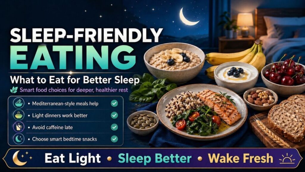 Sleep-Friendly Eating article banner showing healthy foods that support better sleep