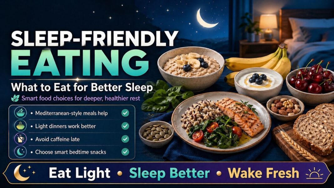 Sleep-Friendly Eating article banner showing healthy foods that support better sleep
