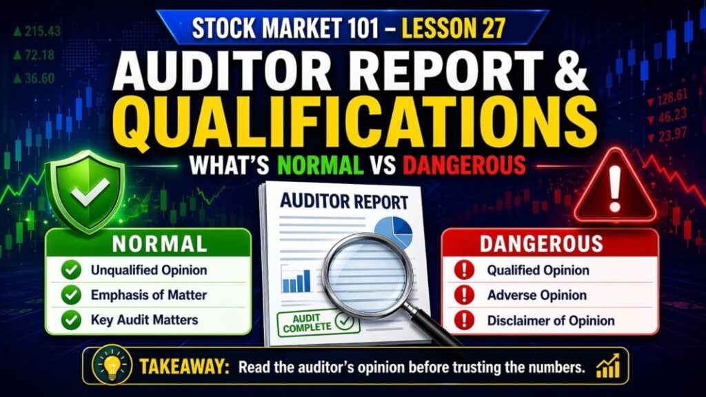 Auditor Report lesson explaining audit qualifications and dangerous warning signs for beginners
