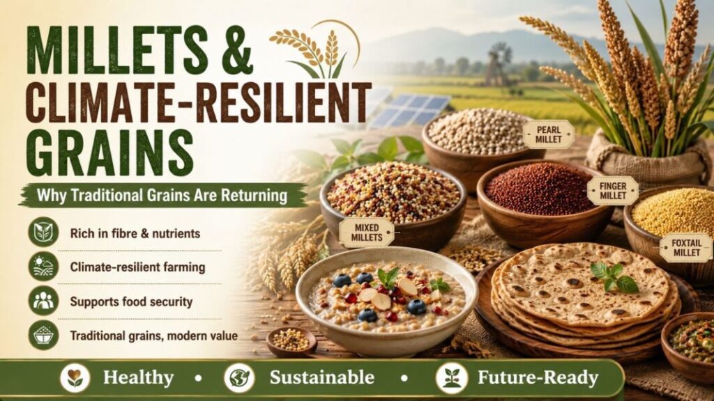 Millets and climate-resilient grains article banner showing traditional grains, sustainability, and healthy food choices