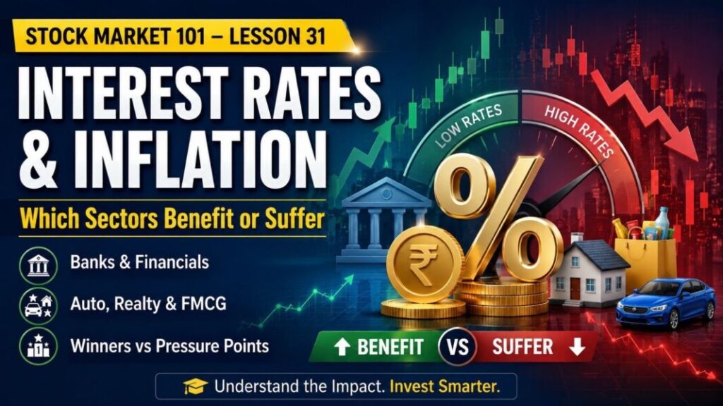 Stock Market 101 – Lesson 31: Interest Rates & Inflation Interest Rates & Inflation lesson showing which sectors benefit or suffer for beginners