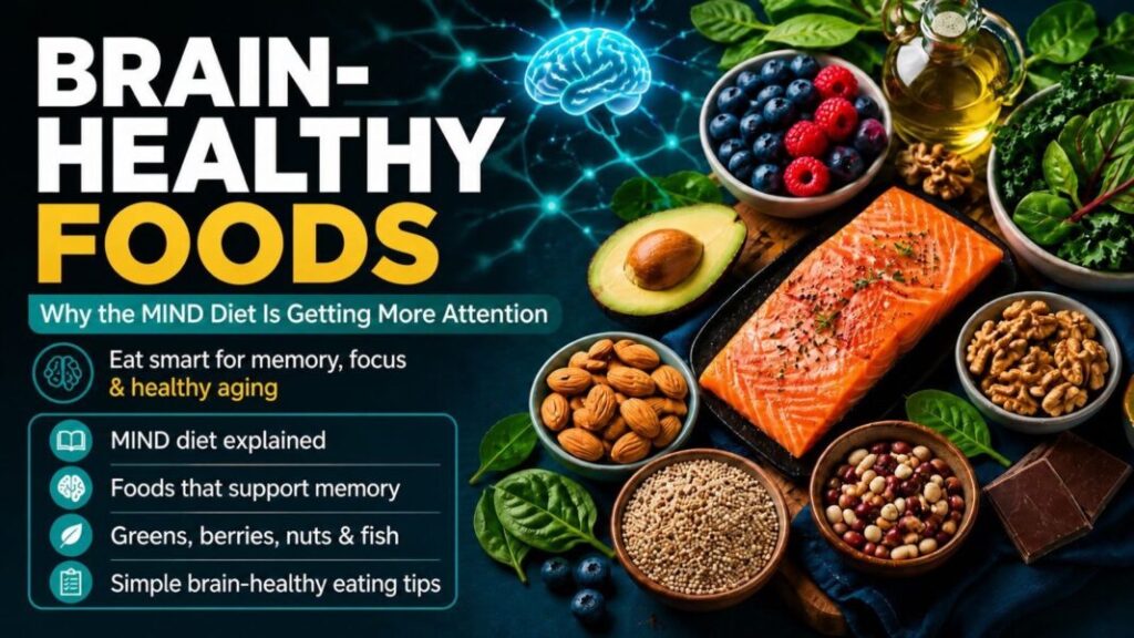 Brain-Healthy Foods website banner showing the MIND diet and foods that support memory and cognitive health