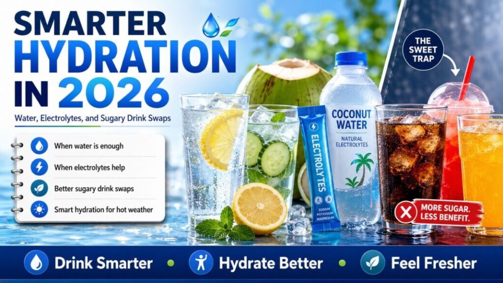 Smarter Hydration in 2026 website banner about water electrolytes and sugary drink swaps