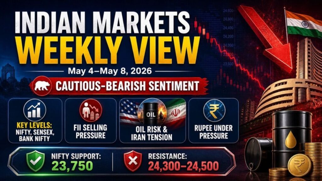Indian markets weekly view image with crude oil, volatility, Iran updates and financial market themes for May 4 to May 8 2026
