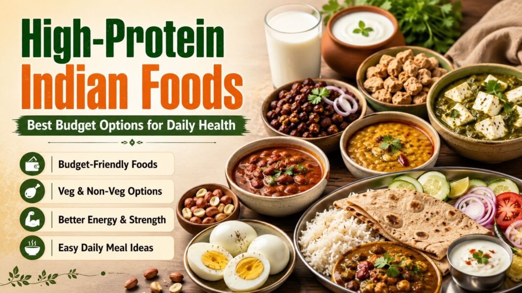 High-protein Indian foods including dal, chana, eggs, paneer, curd and vegetables for daily health
