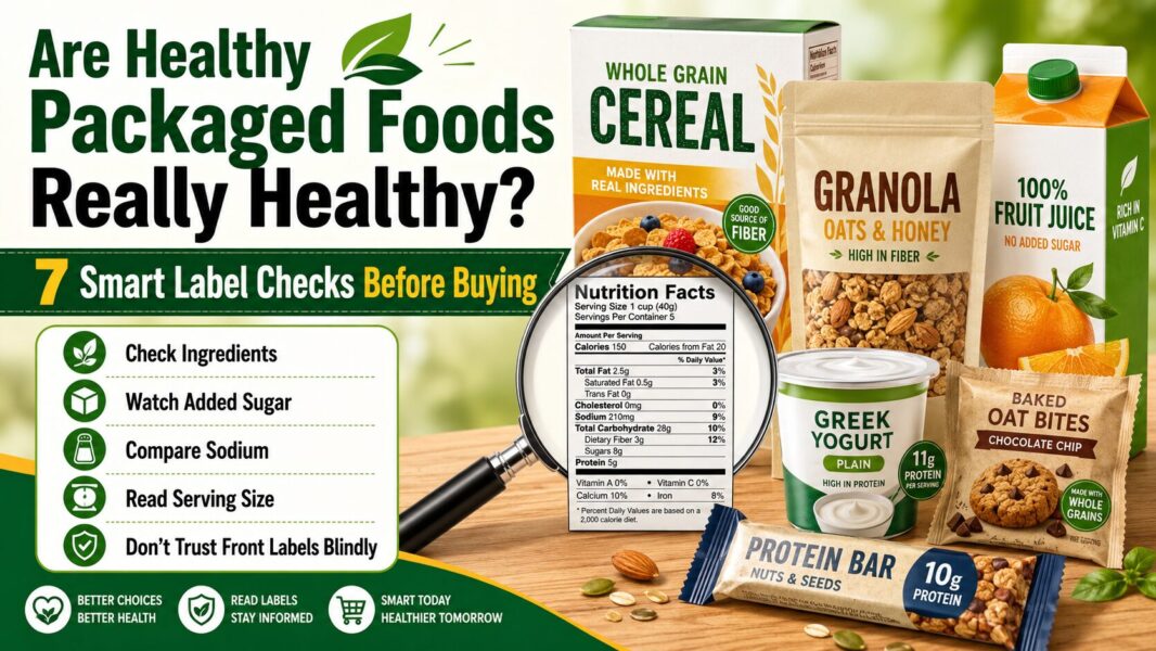 Healthy packaged foods label check with sugar, salt, fat, ingredients and FSSAI claims