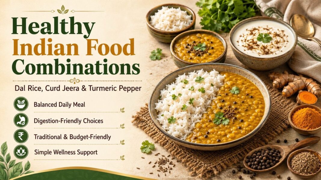 Healthy Indian food combinations including dal rice, curd jeera and turmeric pepper for daily health