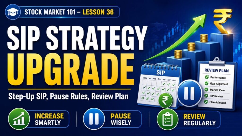 SIP Strategy Upgrade lesson explaining Step-Up SIP pause rules and SIP review plan