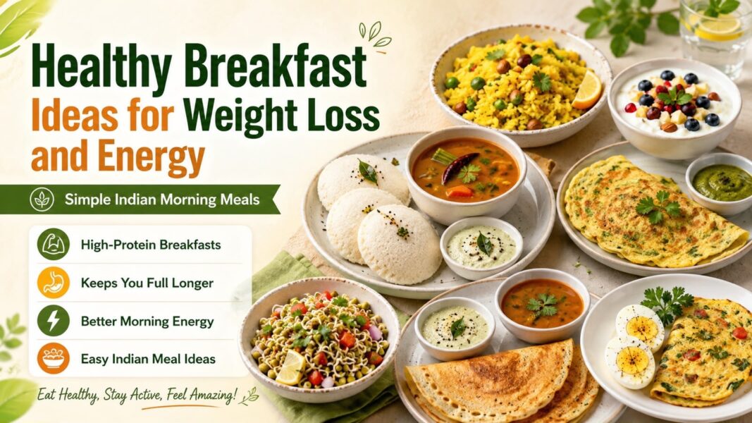 Healthy breakfast ideas for weight loss and energy with Indian foods like idli, poha, besan chilla, sprouts, curd and eggs