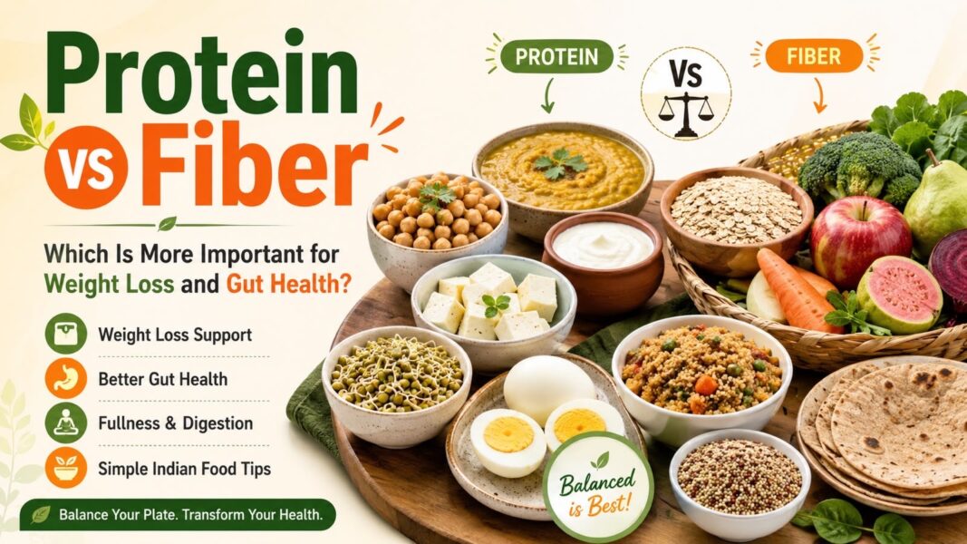 Protein vs fiber for weight loss and gut health with Indian foods like dal, chana, vegetables, fruits, eggs and curd