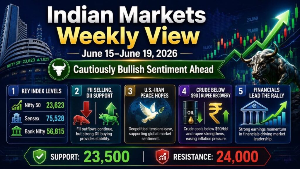 Indian Markets Weekly View for June 15 to June 19 2026 with key levels, cautiously bullish sentiment and weekly stock market outlook