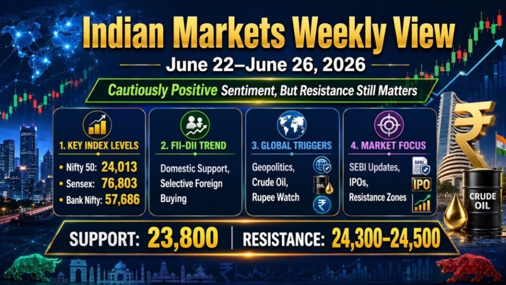 Indian Markets Weekly View for June 22 to June 26 2026 with key levels, cautiously positive sentiment and weekly stock market outlook