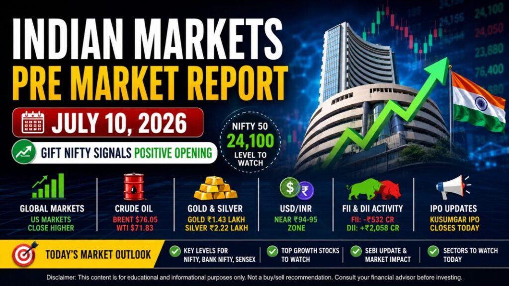 Indian Markets Pre Market Report Today July 10 2026 showing GIFT Nifty positive opening signals, Nifty 50 key levels, global market cues, crude oil prices, FII DII activity and stock market outlook.
