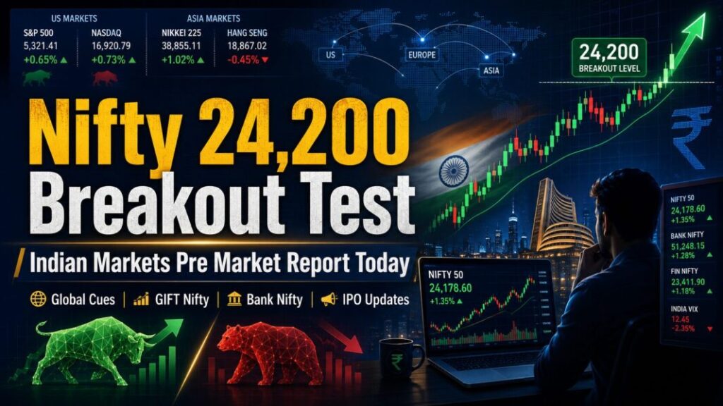 Indian Markets Pre Market Report Today July 2 2026 with Nifty 24200 breakout test GIFT Nifty Bank Nifty Sensex crude oil rupee IPO and SEBI updates