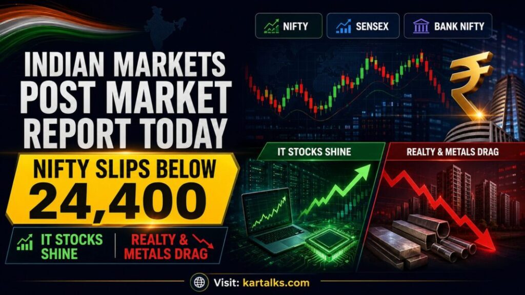 Indian Markets Post Market Report Today July 7 2026 with Nifty below 24400 Sensex down 104 points IT stocks rally HCL Tech Infosys Tech Mahindra Trent crude oil rupee IPO and SEBI updates
