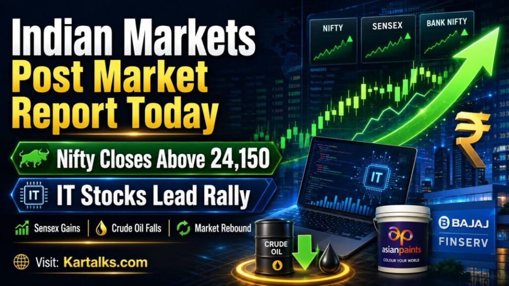 Indian Markets Post Market Report Today July 2 2026 with Nifty above 24150 Sensex up 579 points IT stocks rally Eternal Asian Paints crude oil rupee IPO and SEBI updates.