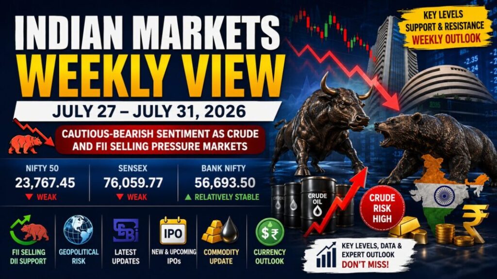 Indian Markets Weekly View for July 27–31, 2026 showing Nifty, Sensex, Bank Nifty key levels, FII-DII trend, crude oil risk and market outlook.