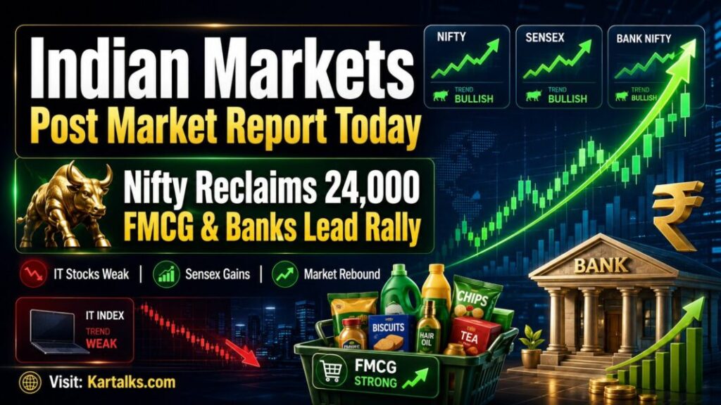Indian Markets Post Market Report Today July 1 2026 with Nifty reclaiming 24000 Sensex up 444 points FMCG banks Nestle India HUL crude oil rupee IPO and SEBI updates