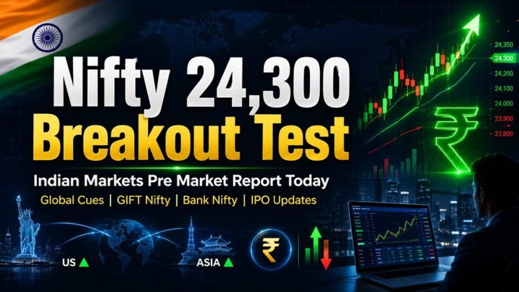 Indian Markets Pre Market Report Today July 3 2026 with Nifty 24300 breakout test GIFT Nifty Bank Nifty Sensex crude oil rupee IPO and SEBI updates