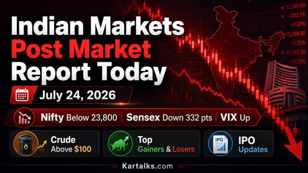 Indian Markets Post Market Report Today showing Nifty 50, Sensex and Bank Nifty closing levels on July 24, 2026