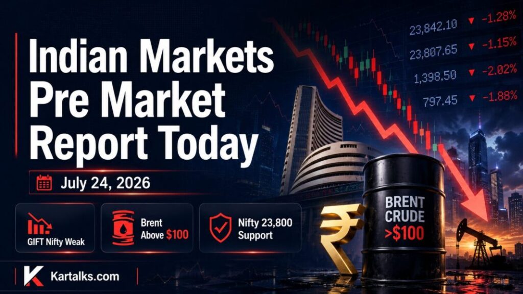Indian Markets Pre Market Report Today July 24 2026 with GIFT Nifty, Nifty 50, Bank Nifty, Sensex, Brent crude, FII DII data and Q1 results